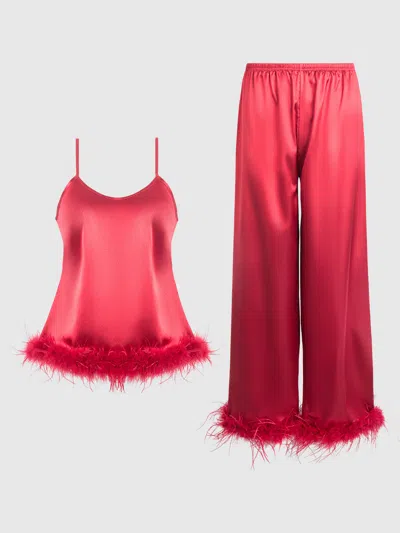 Frederick's Of Hollywood Scarlett Satin Sleep Cami & Long Pant With Feather Trim In Red