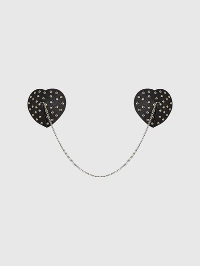 Frederick's Of Hollywood Studded & Chain Draped Leather-like Heart Pasties In Black