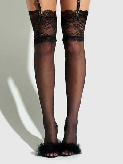 Frederick's Of Hollywood Thigh High Sheer Stayups With Tall Lace Band In Black