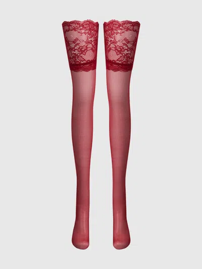 Frederick's Of Hollywood Thigh High Sheer Stayups With Tall Lace Band In Red