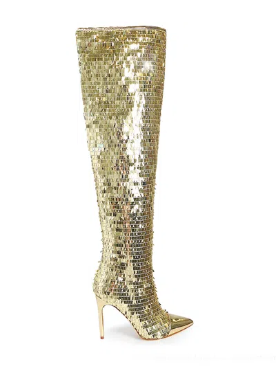 Frederick's Of Hollywood Vitoria Sequin Knee High Boots In Gold