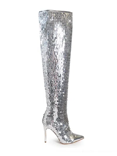 Frederick's Of Hollywood Vitoria Sequin Knee High Boots In Silver