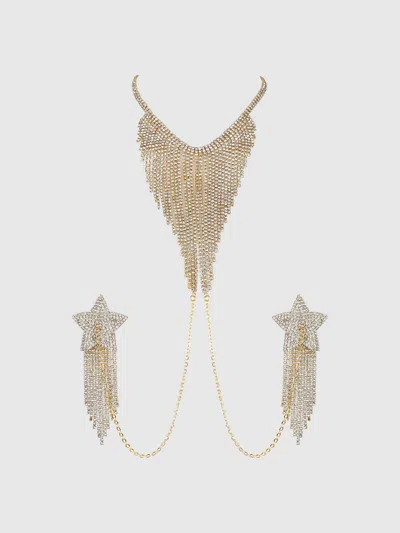 Frederick's Of Hollywood Ziggy Rhinestone Neck Halter And Pasties In Silver