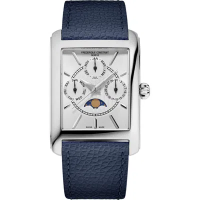 Frederique Constant Classic Carrée Moonphase Leather Strap Watch, 42.3mm X 30mm In Blue