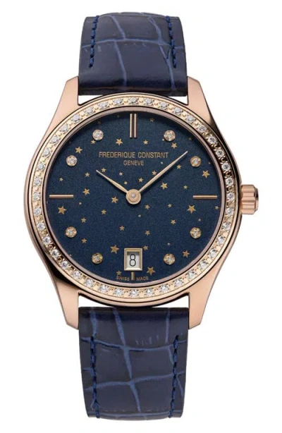 Frederique Constant Classic Leather Strap Watch, 36mm In Blue/rose Gold