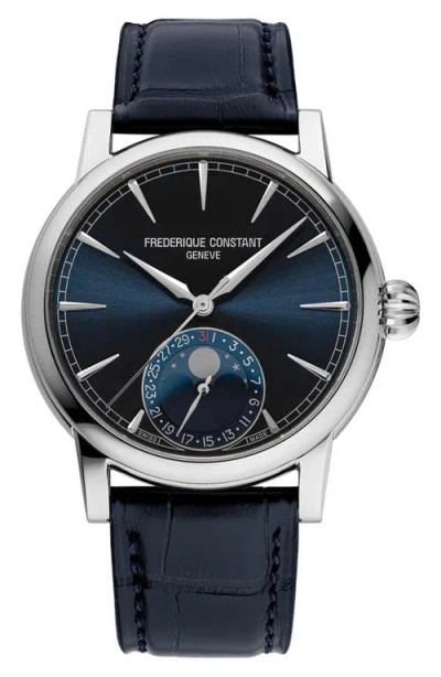 Frederique Constant Classic Moonphase Date Leather Strap Watch, 40mm In Blue