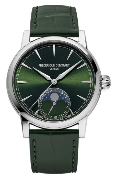 Frederique Constant Classic Moonphase Date Leather Strap Watch, 40mm In Green