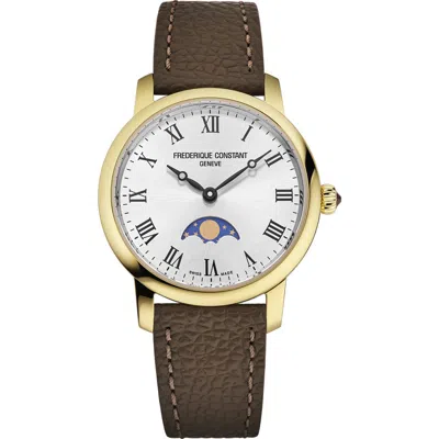 Frederique Constant Classic Slimline Moonphase Leather Strap Watch, 30mm In Brown