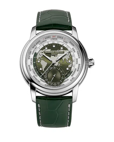 Frederique Constant Men's Swiss Automatic Classic Worldtimer Manufacture Green Leather Strap Watch 42mm