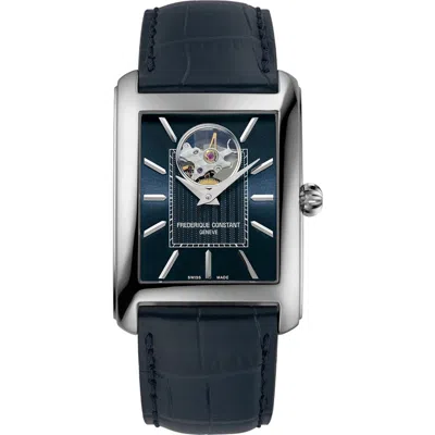 Frederique Constant Classics Carrée Open Heart Blue Leather Strap Watch, 34.4mm X 33.3mm In Black