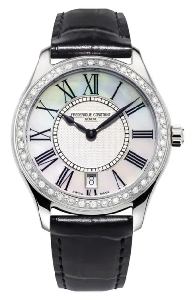 Frederique Constant Classics Diamond Leather Strap Watch, 36mm In Silverone