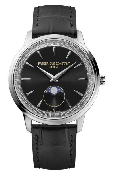 Frederique Constant Classics Moneta Moon Phase Black Leather Strap Watch, 37mm