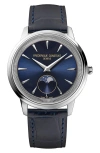 Frederique Constant Classics Moneta Moon Phase Navy Leather Strap Watch, 37mm
