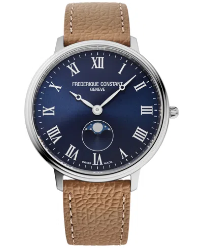 FREDERIQUE CONSTANT MEN'S CLASSICS QUARTZ MOONPHASE BROWN LEATHER STRAP WATCH 39MM