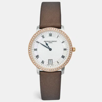 Pre-owned Frederique Constant Slimline Fc-220m4sd32 Silver Dial Two Tone Stainless Steel Leather Satin Diamond Women's Wristwatch  In Brown