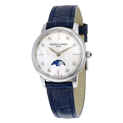 Frederique Constant Slimline Moonphase Mother Of Pearl Dial Diamond Blue Leather Ladies Watch Fc-206 In Blue / Mother Of Pearl