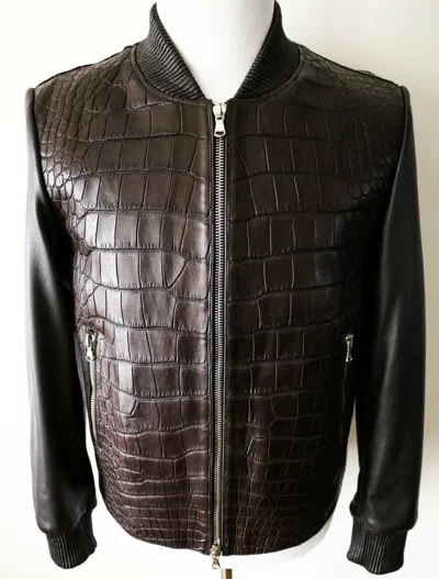 Pre-owned Fredo Ferrucci $36795  Brown Crocodile Alligator Leather Bomber Jacket 60 Eu 4xl