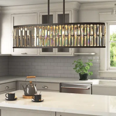 Fredrick Ramond Gemma Six-light Oval Linear Chandelier W/ Crystal Rectangular Prisms In Vintage Bronze