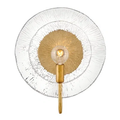 Fredrick Ramond Rene Single Light Wall Sconce W/ Textured Glass Disc & Exposed Bulb In Clear,transparent Glass;distressed Brass