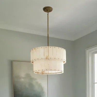 Fredrick Ramond Simone 24" Six-light Drum Chandelier W/ Natural Alabaster Panels In Burnished Gold