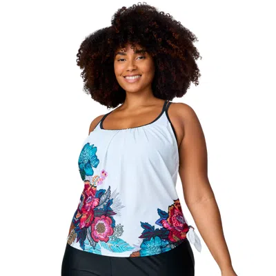 Free Country Women's Plus Size Side Tie Blouson Tankini Top In Multi