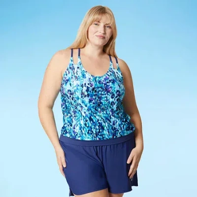 Free Country Womens Adjustable Straps Built In Bra Abstract Plus Blouson Swimsuit Top In Blue