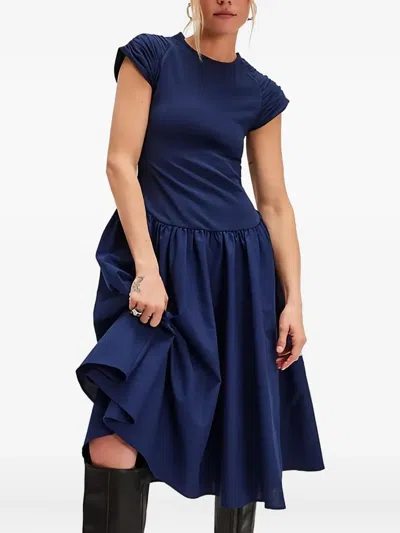 Free People Afternoon Elegance Pleated-shoulder Midi Dress In Blue