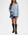 Free People Airbrushed Blossom Denim Shirt In Sky Blue Med Indigo