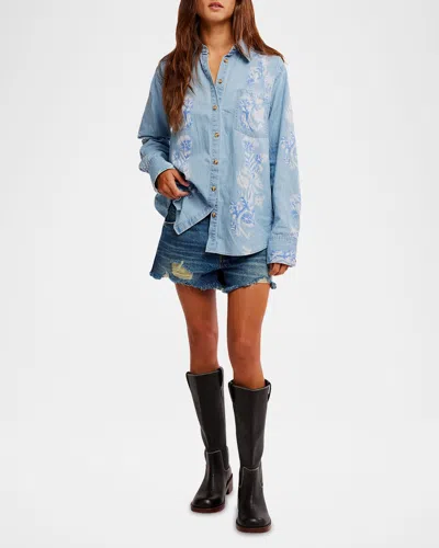 Free People Airbrushed Blossom Denim Shirt In Sky Blue Med Indigo