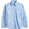 Free People Airbrushed Blossom Denim Shirt In Sky Blue Med Indigo