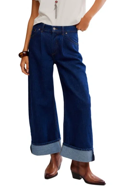 Free People Alia Cuffed High Waist Wide Leg Jeans In Blue