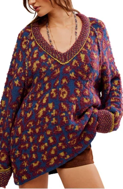 Free People Animal Pattern Tunic Sweater In Blue Fig Combo
