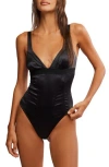 Free People Anywhere With You Stretch Satin Bodysuit In Black