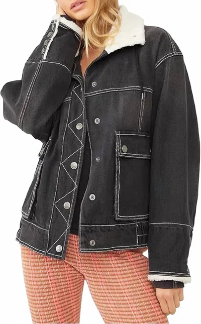 Free People Ariel Cozy Denim Bomber Jacket In Washed Black