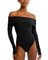 Free People Autumn Cozy Off The Shoulder Waffle Stitch Bodysuit In Black