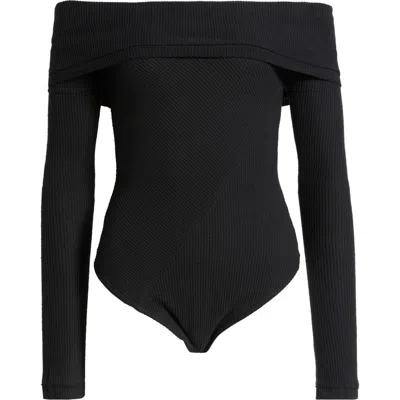 Free People Autumn Cozy Off The Shoulder Waffle Stitch Bodysuit In Black