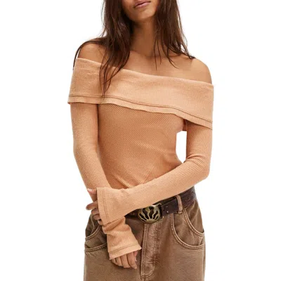 Free People Autumn Cozy Off The Shoulder Waffle Stitch Bodysuit In Toasted