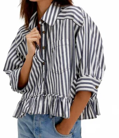 Free People Bailey Stripe Shirt Top In Nautical Navy Combo In Blue