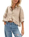 Free People Bailey Stripe Ruffle Hem Cotton Button-up Shirt In Brown