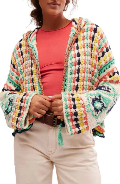 Free People Baja Baby Crochet Open Front Hooded Cardigan In Baja Combo