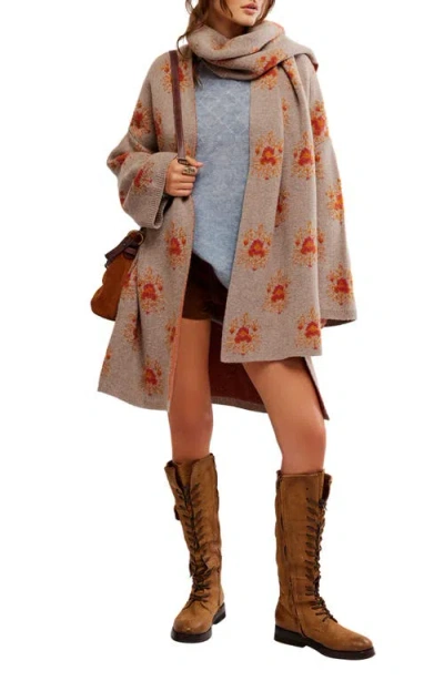 Free People Bali Ayla Medallion Jacquard Wool Blend Scarf Cardigan In Brown