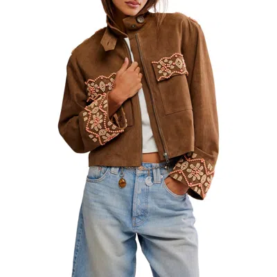 Free People Bali Fading Moon Crop Suede Jacket In Brown