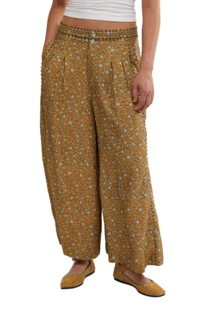 Free People Bali Guinevere Pleated Wide Leg Trousers In Green Combo