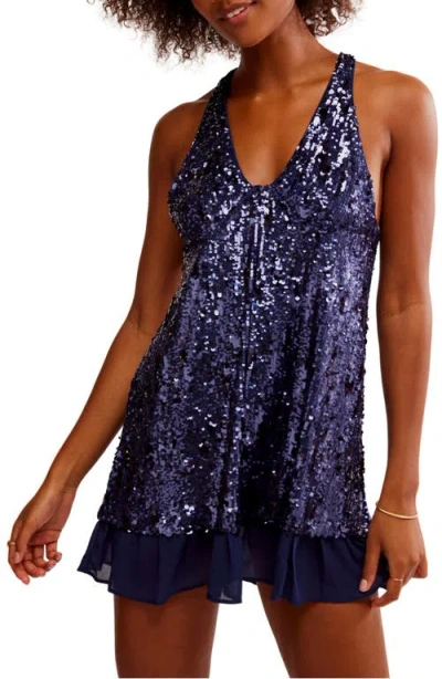 Free People Bejeweled Halter Neck Sequin Minidress In Navy