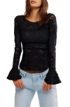 Free People Bell Sleeve Sheer Cotton Blend Lace Top In Black