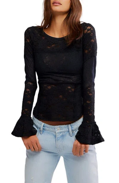 Free People Bell Sleeve Sheer Cotton Blend Lace Top In Black