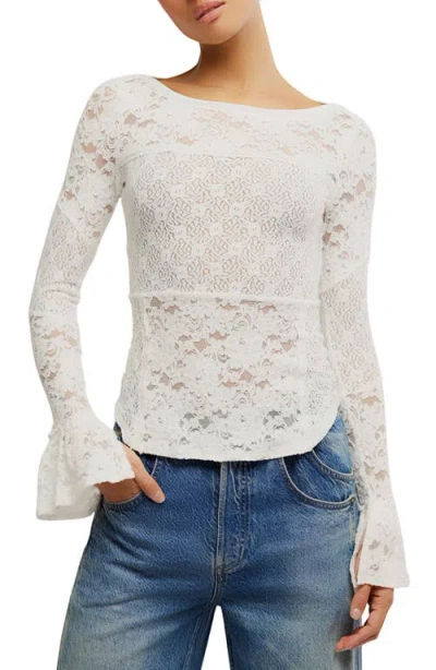 Free People Bell Sleeve Sheer Cotton Blend Lace Top In Gold