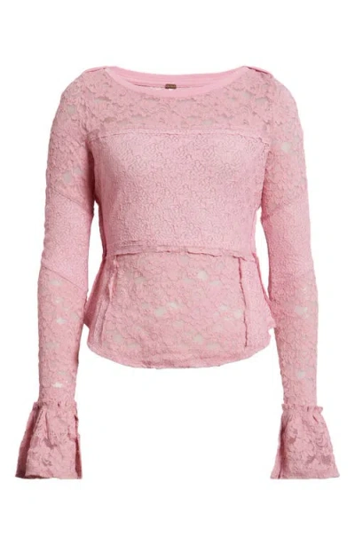 Free People Bell Sleeve Sheer Cotton Blend Lace Top In Pink