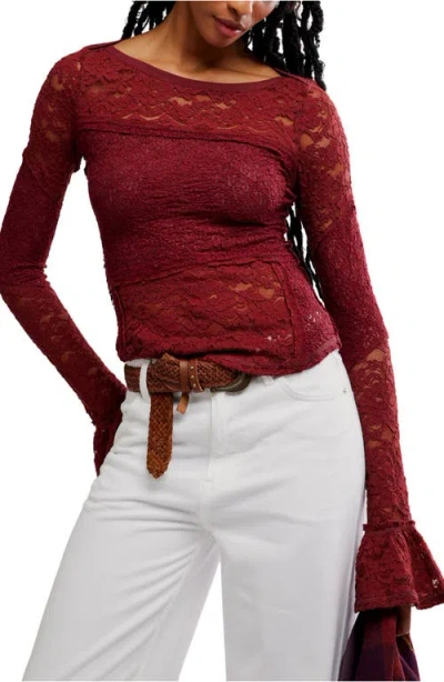 Free People Bell Sleeve Sheer Cotton Blend Lace Top In Red