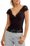 Free People Better Not Lace Trim Cap Sleeve Top In Black